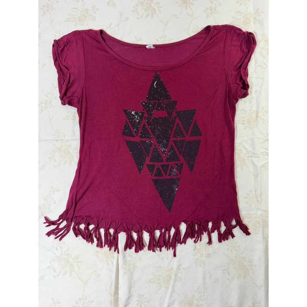 Womens Burgundy Fringe Graphic T Shirt Geometric Triangle Boho Festival Top